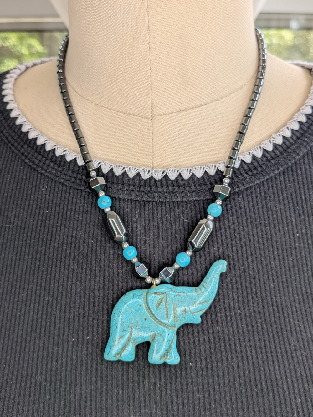 Carved Howlite Turquoise Elephant Pendant Necklace Metallic Hematite Beads